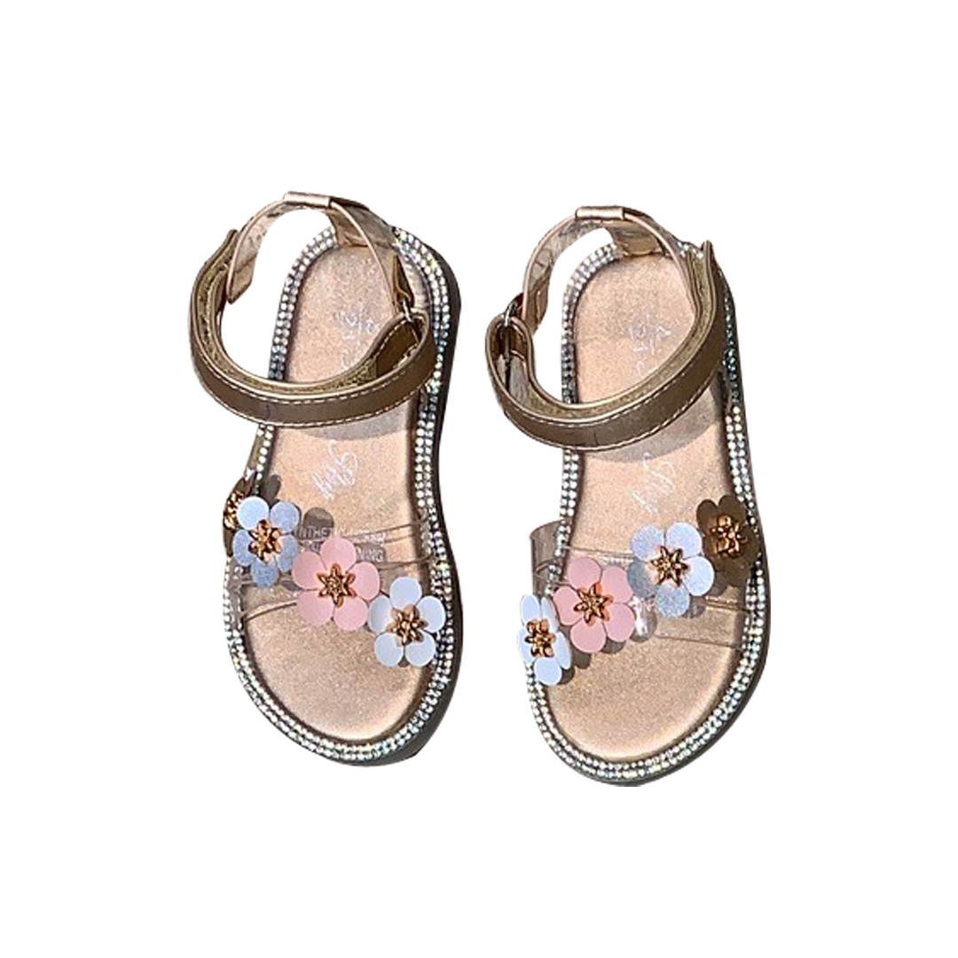 Girls Sparking Flat Floral Sandals Gold 1-4Yrs | BLUESKYKIDSLAND