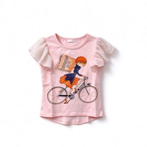 Bicycle Print T-Shirt with Ruffle Sleeves Pink 2-8Yrs